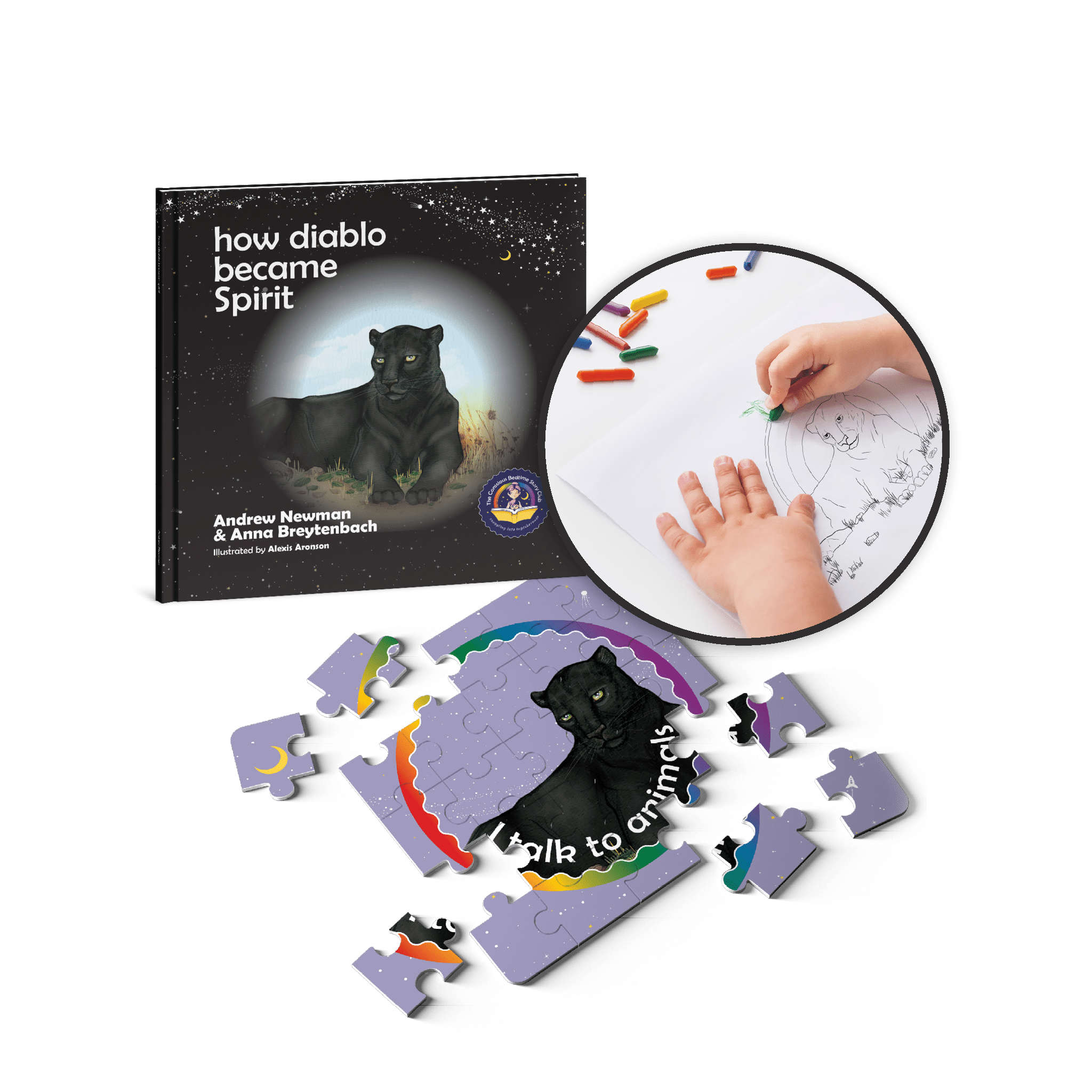 Children's book titled 'how diablo became Spirit' with a puzzle and hands coloring on a whiteboard.