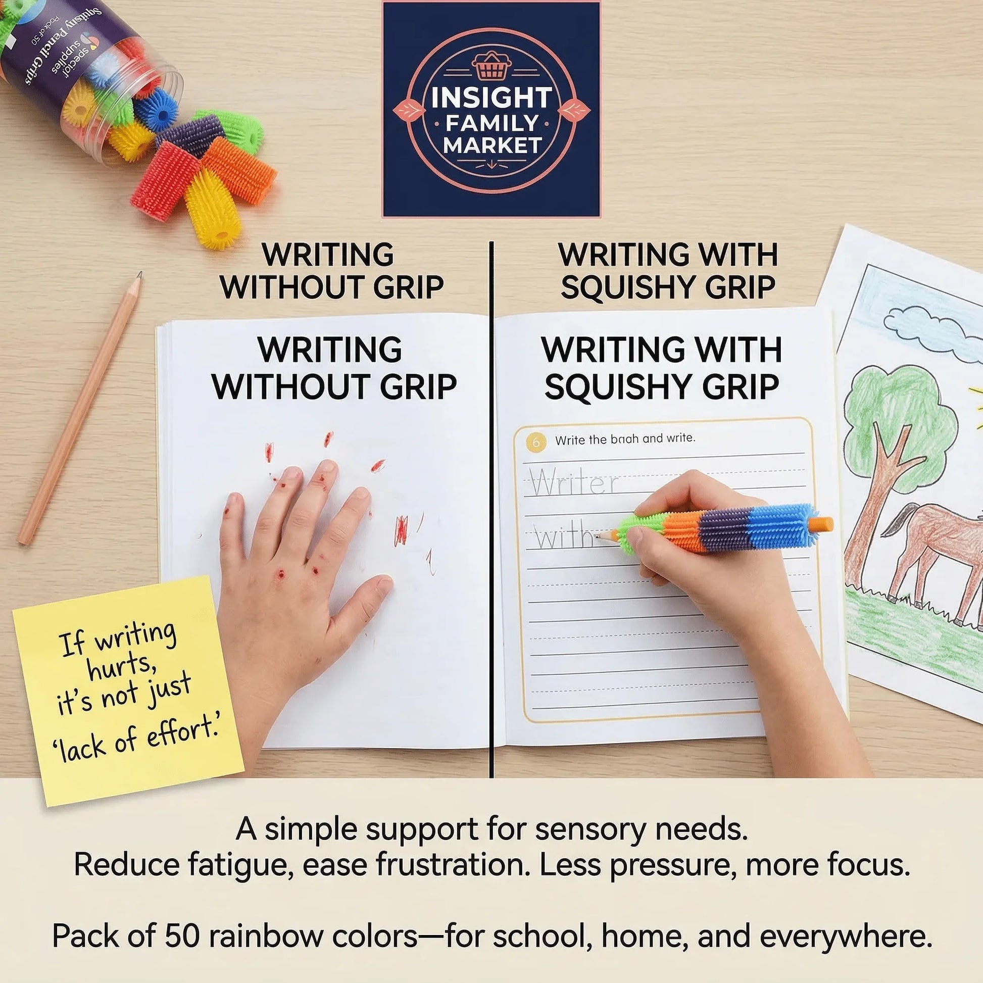Child writing with and without squishy pencil grip, demonstrating sensory support for handwriting.