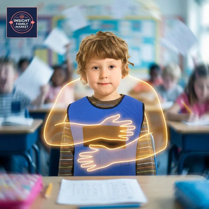 Young boy in sensory vest with glowing hug outline, sitting in a busy classroom