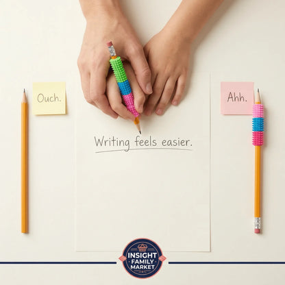 Child’s hand writing with a sensory pencil grip, comfort vs discomfort sticky notes, writing aid