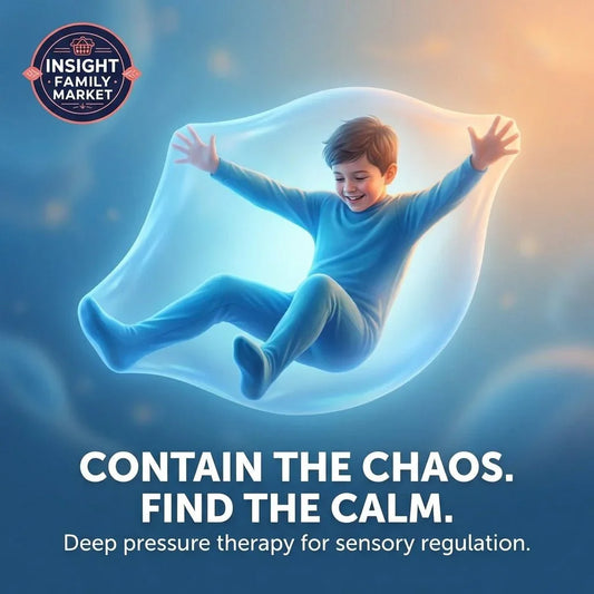 Smiling child in blue pajamas wrapped in a full-body sensory compression sheet for deep pressure therapy, promoting sensory regulation and calmness.