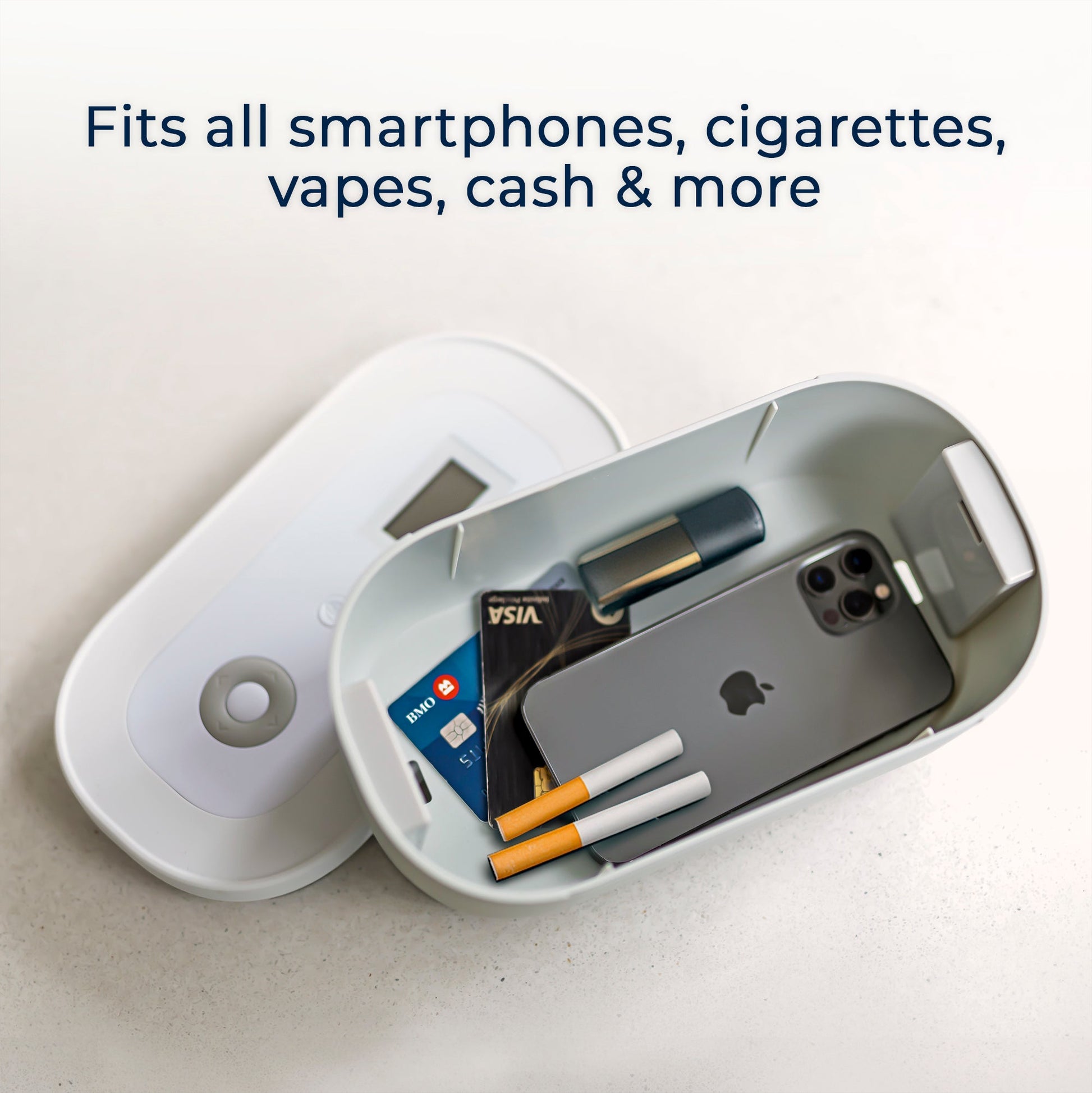 Multifunctional case with smartphone, cards, and cigarettes on a light background