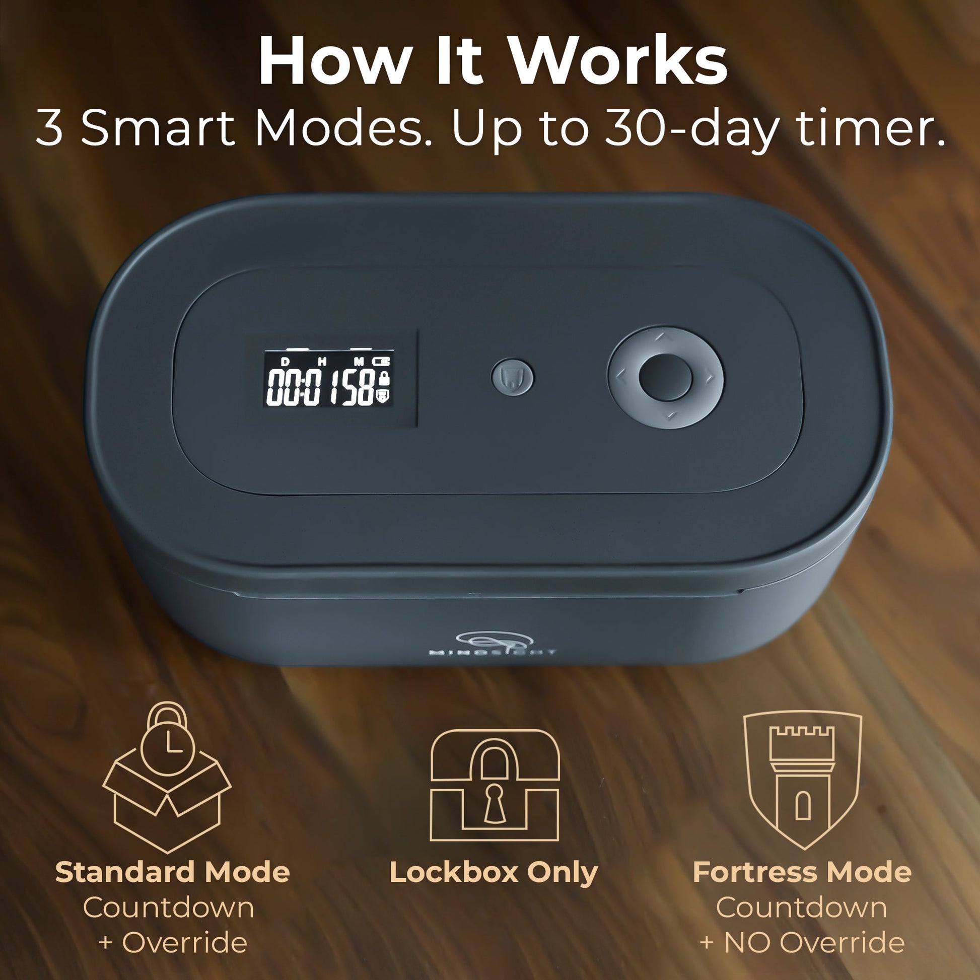 Black electronic device with digital display on a wooden surface, featuring text about smart modes and timer.