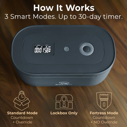 Black electronic device with digital display on a wooden surface, featuring text about smart modes and timer.