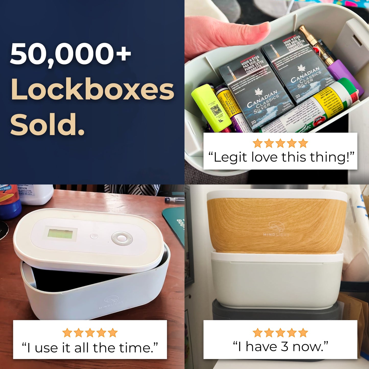 Collage of lockboxes with customer testimonials and product images.