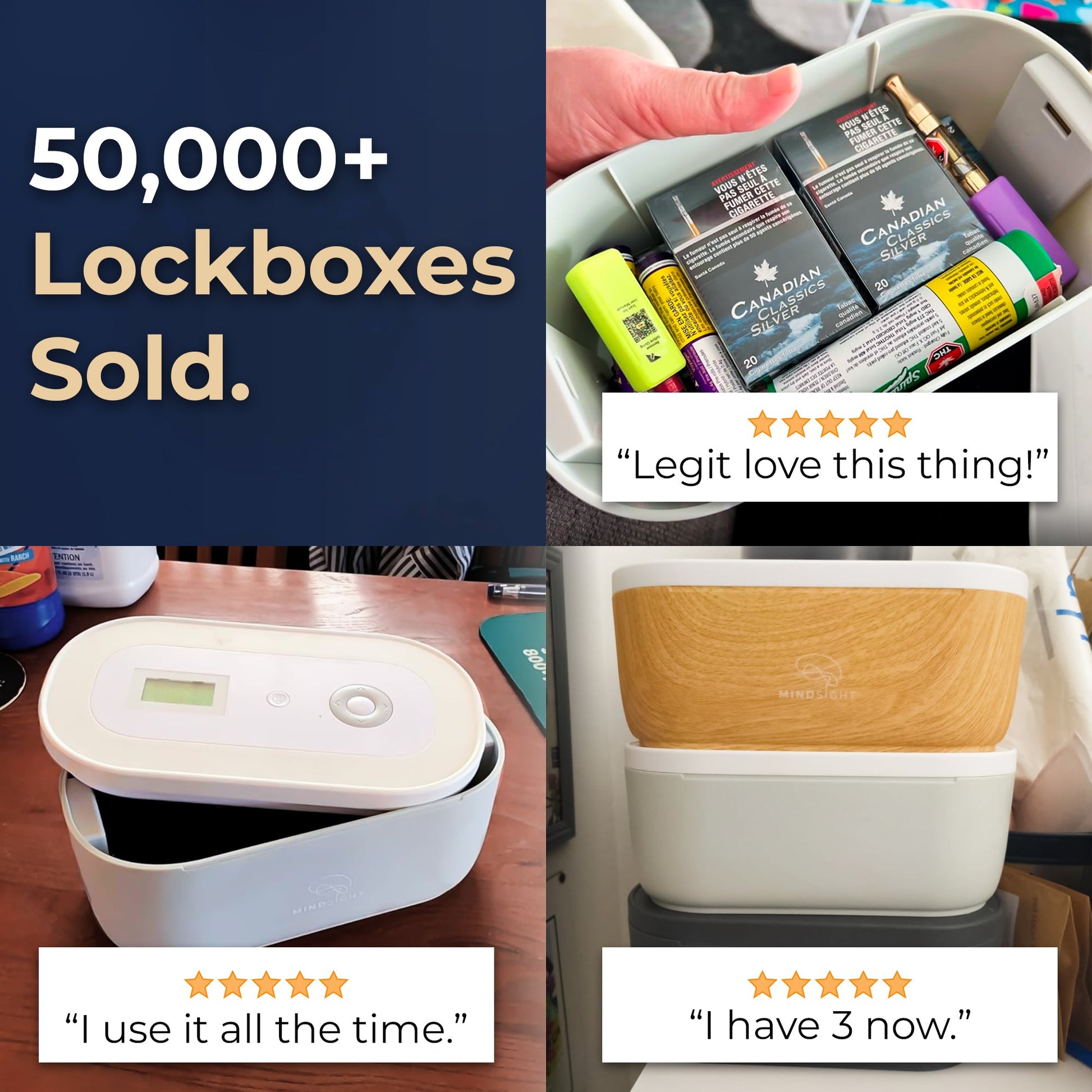 Collage of lockboxes with customer testimonials and product images.
