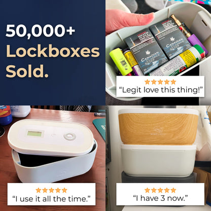 Collage of lockboxes with customer testimonials and product images.