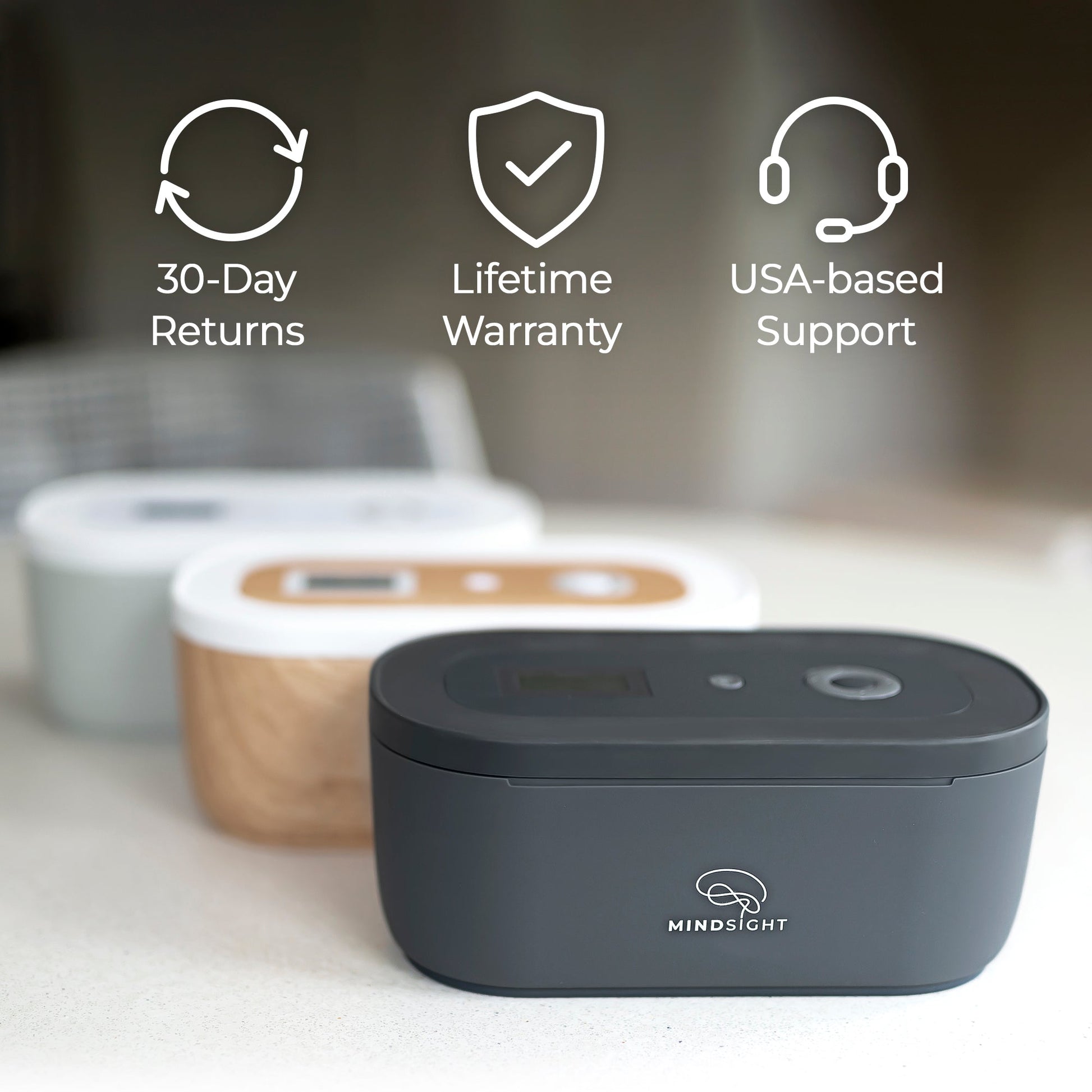 Mindsight device with product features displayed on a blurred background