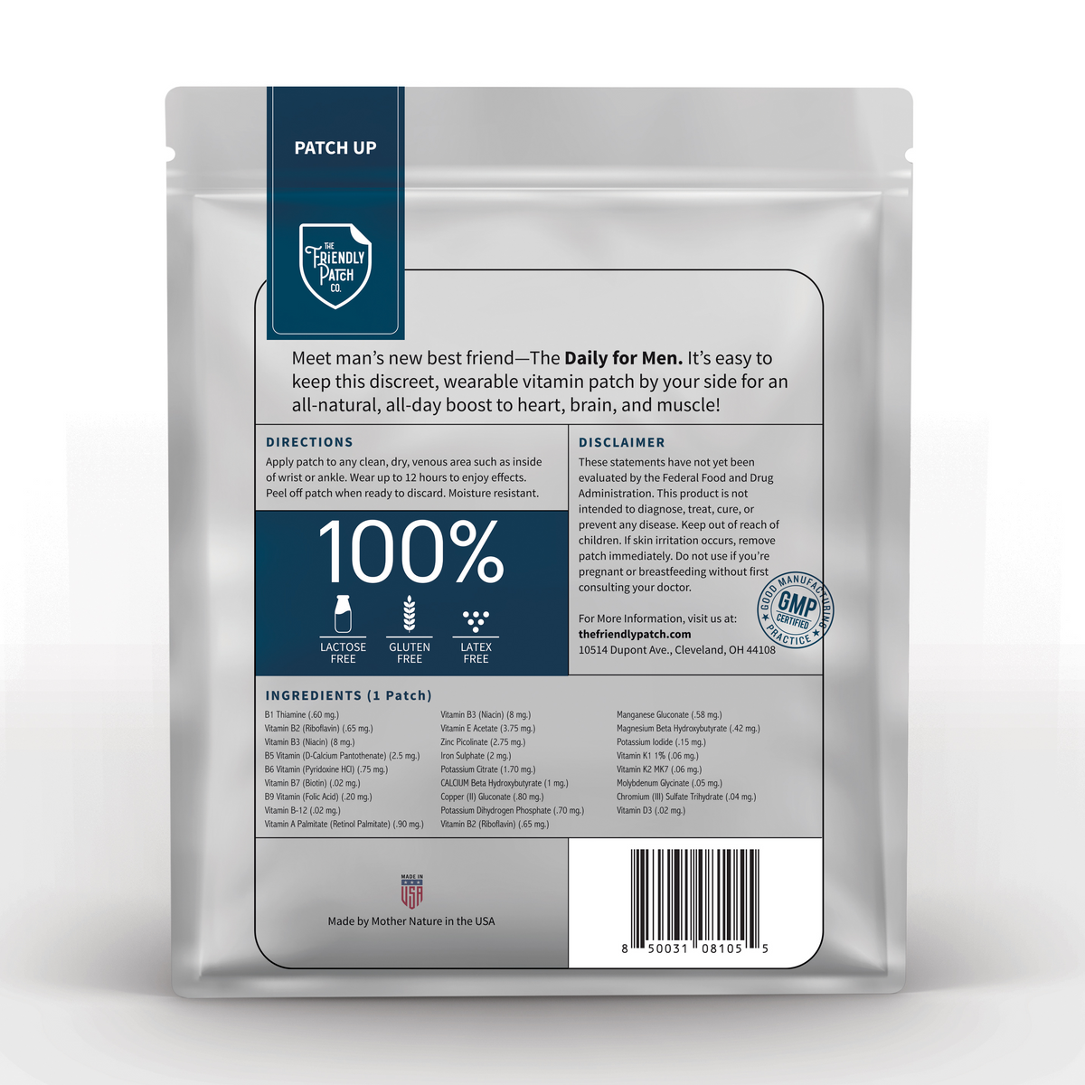 Vitamin patch packaging with branding and product details on a white background
