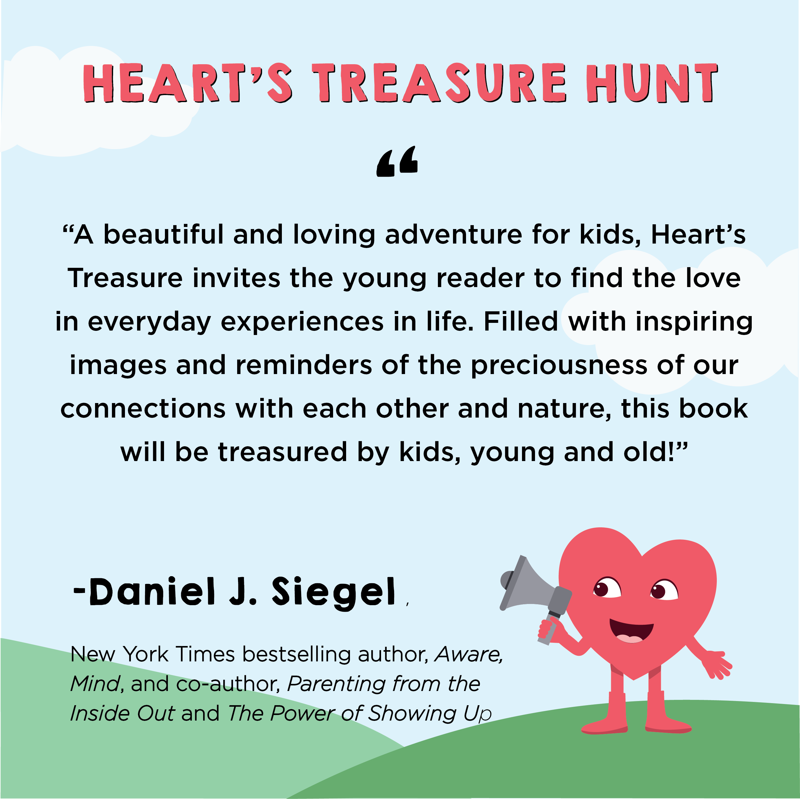 Promotional graphic for 'Heart's Treasure Hunt' with a heart character and text about the book by Daniel J. Siegel.