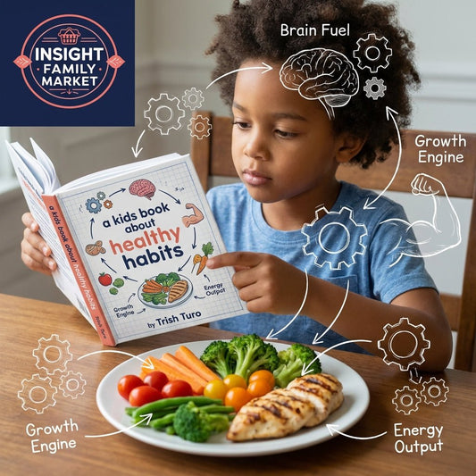 Child reading a kids book about healthy habits with a nutritious meal of chicken and vegetables, highlighting nutrition for brain fuel and growth.
