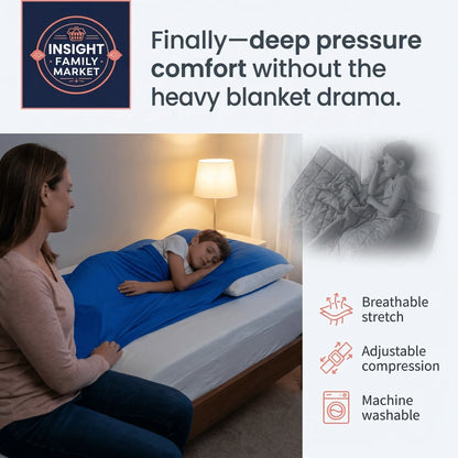 Child sleeping comfortably under a blue sensory compression sheet with adult nearby, highlighting breathable, adjustable, machine-washable sleep support for sensory needs.