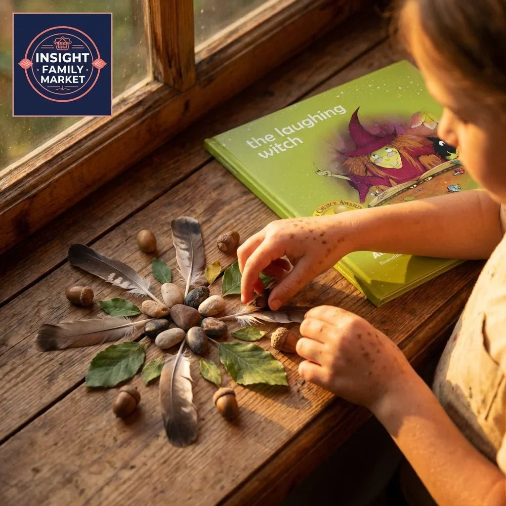 Child arranging natural sensory materials beside a children’s bedtime story book by a window