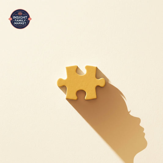 Yellow puzzle piece casting a shadow of a face on a beige background, with Insight Family Market logo.