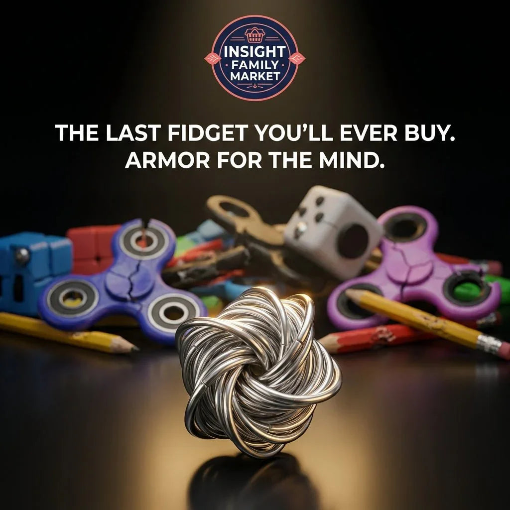 Durable metal fidget toy in front of plastic fidget spinners, cubes, and pencils on black surface.