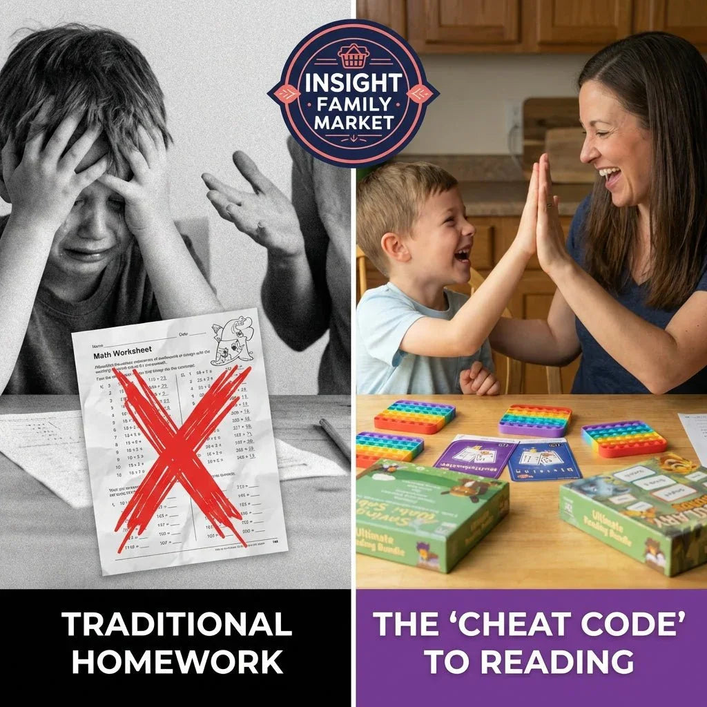 Split image showing a frustrated child with crossed-out math homework on the left and a smiling child high-fiving a woman over educational sensory tools and reading games on the right, highlighting evidence-based learning alternatives for neurodiverse families.