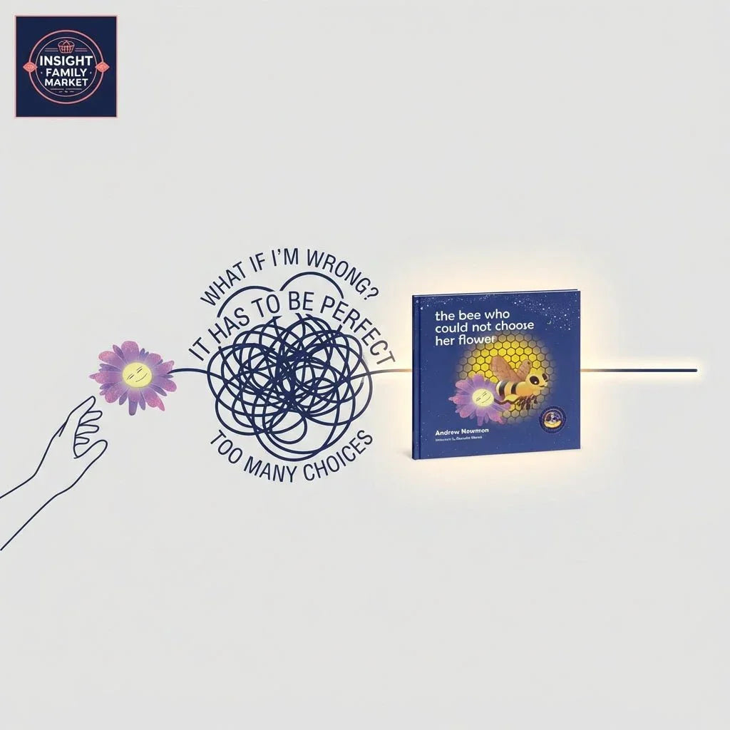 Children’s book cover 'the bee who could not choose her flower' with neurodiversity decision-making themes.