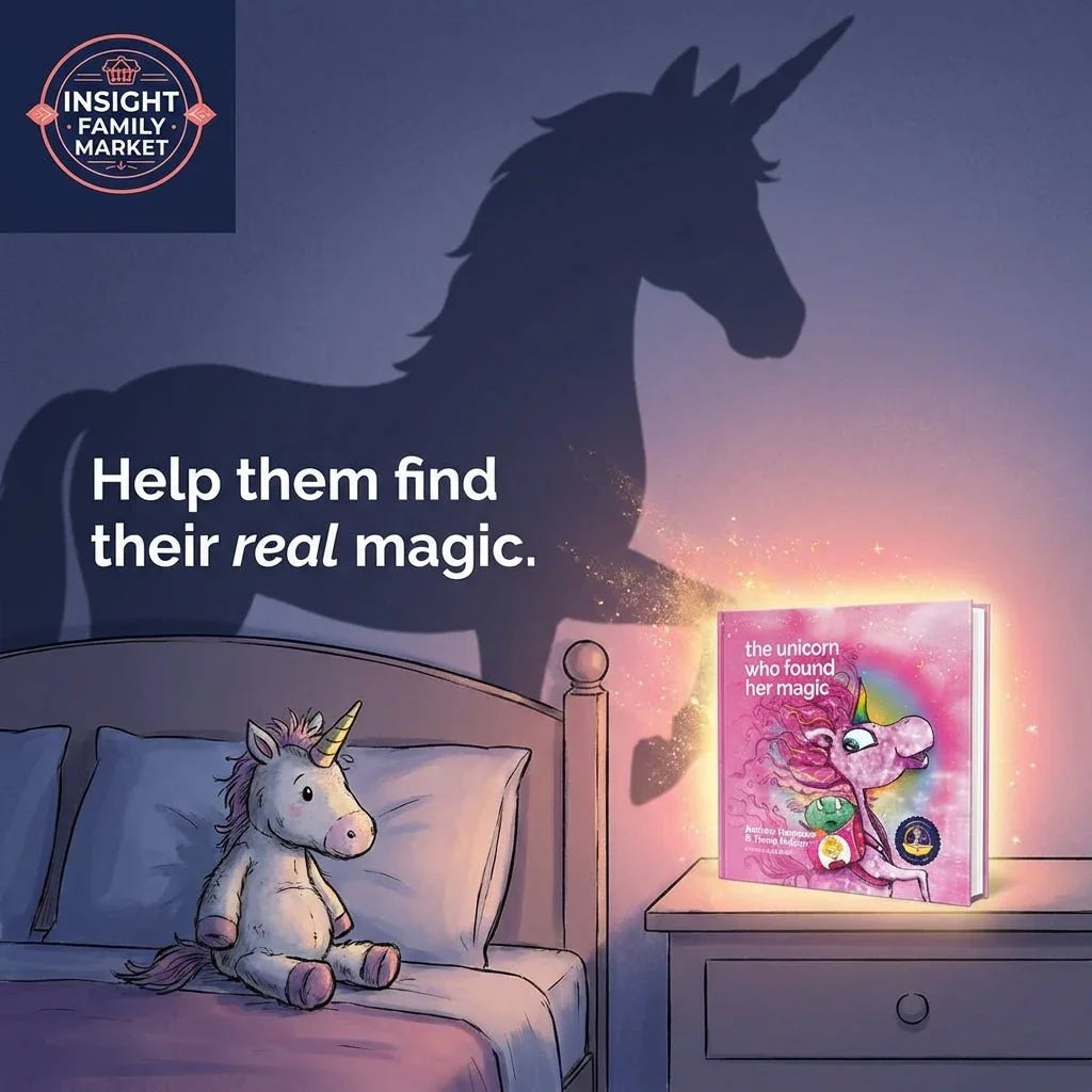 Plush unicorn toy on a bed, unicorn book on nightstand, magical unicorn shadow on wall, inspiring kids' bedtime setting.