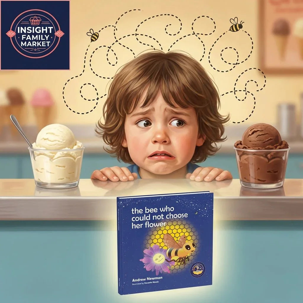 Anxious child choosing between vanilla and chocolate ice cream, with bees and a decision-making book.
