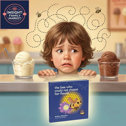 Anxious child choosing between vanilla and chocolate ice cream, with bees and a decision-making book.
