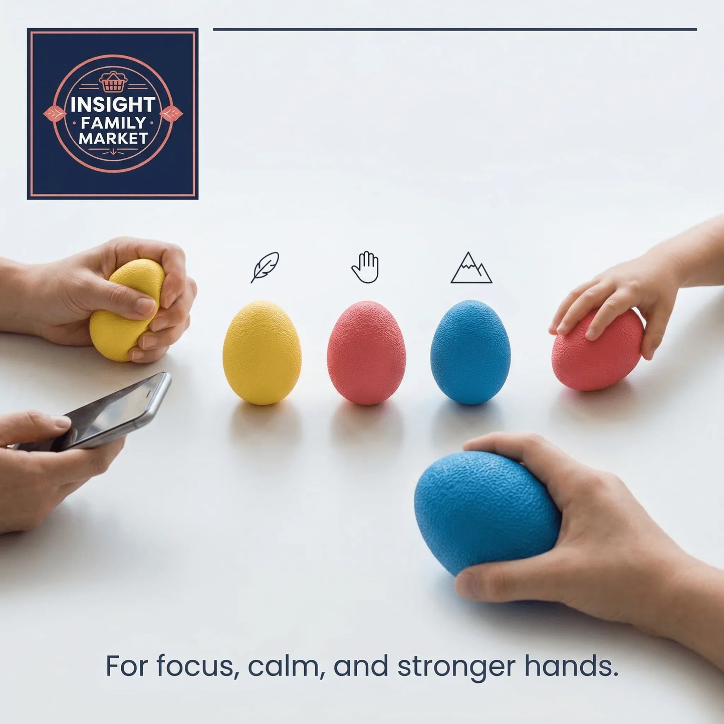 Sensory and hand strength eggs in yellow, red, and blue held by hands on a white table.
