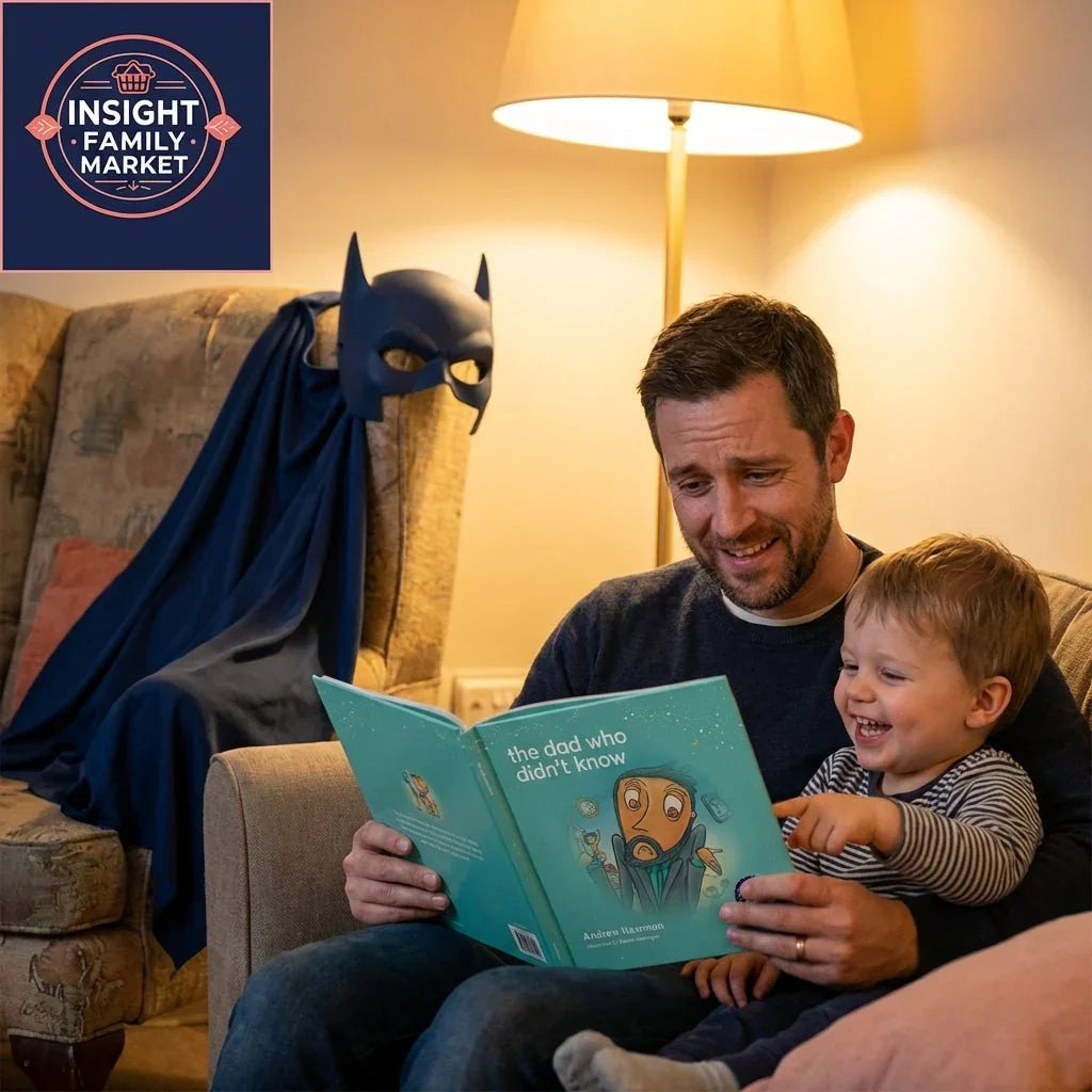 Father reading a picture book to smiling child, superhero costume draped on chair nearby.