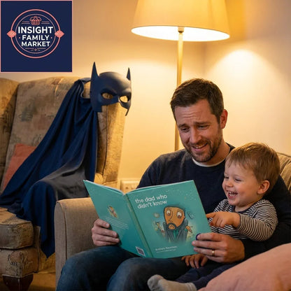 Father reading a picture book to smiling child, superhero costume draped on chair nearby.