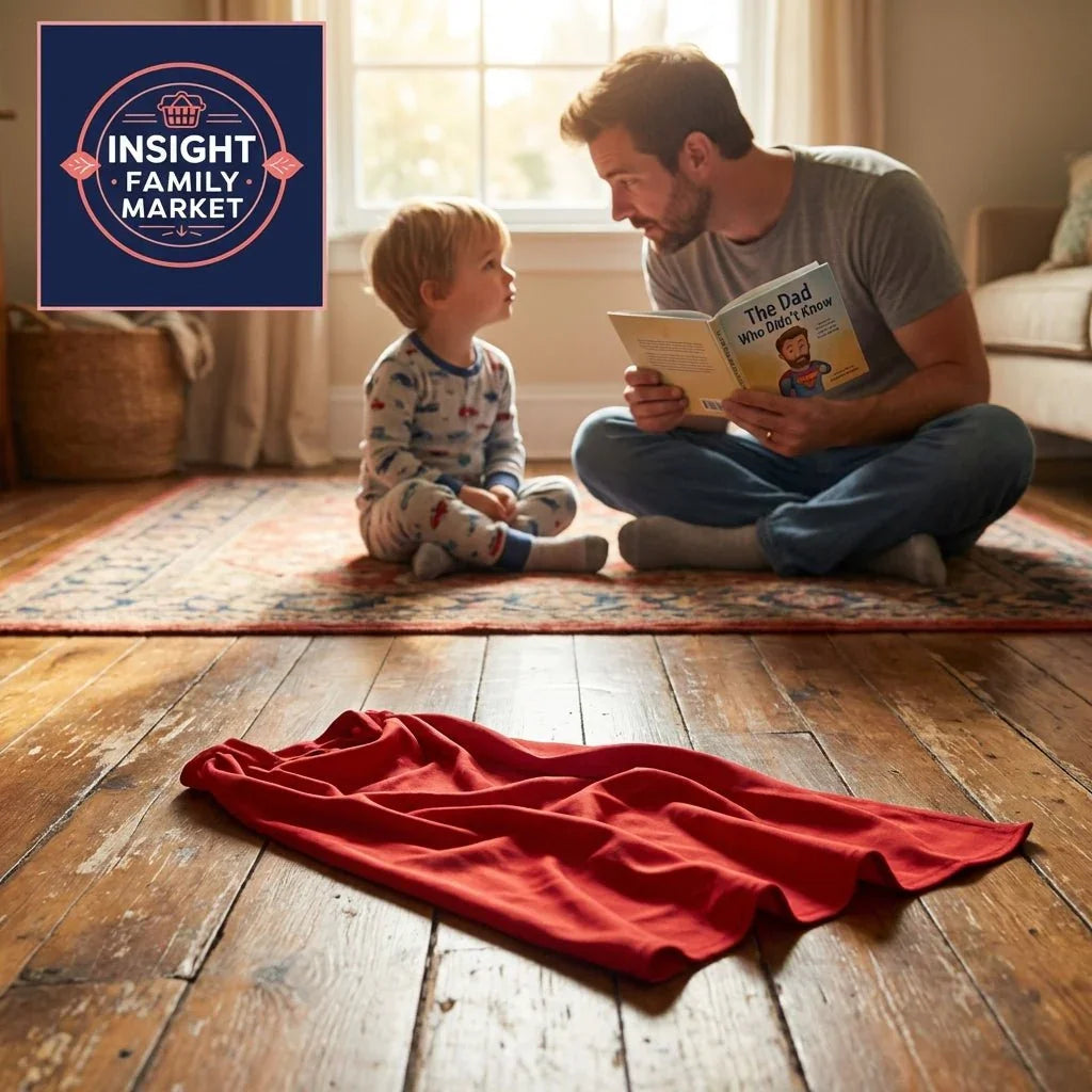 Father reading to child in cozy living room with red sensory blanket on wooden floor