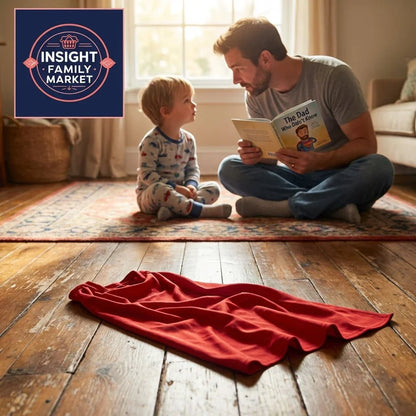 Father reading to child in cozy living room with red sensory blanket on wooden floor