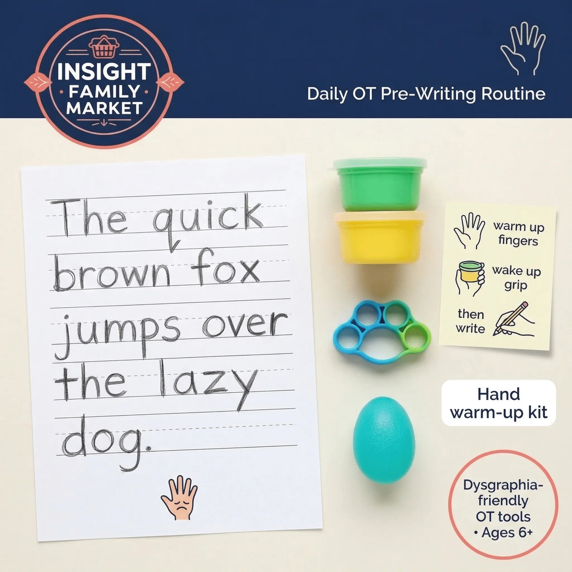 Dysgraphia-friendly hand warm-up kit with therapy putty, egg grip, and pre-writing worksheet for kids.