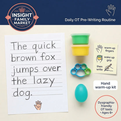 Dysgraphia-friendly hand warm-up kit with therapy putty, egg grip, and pre-writing worksheet for kids.