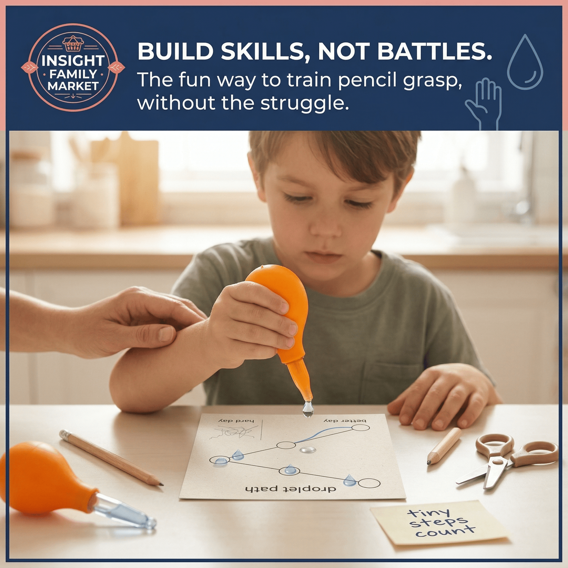 Child practicing fine motor skills using orange dropper tool for pencil grasp training activity