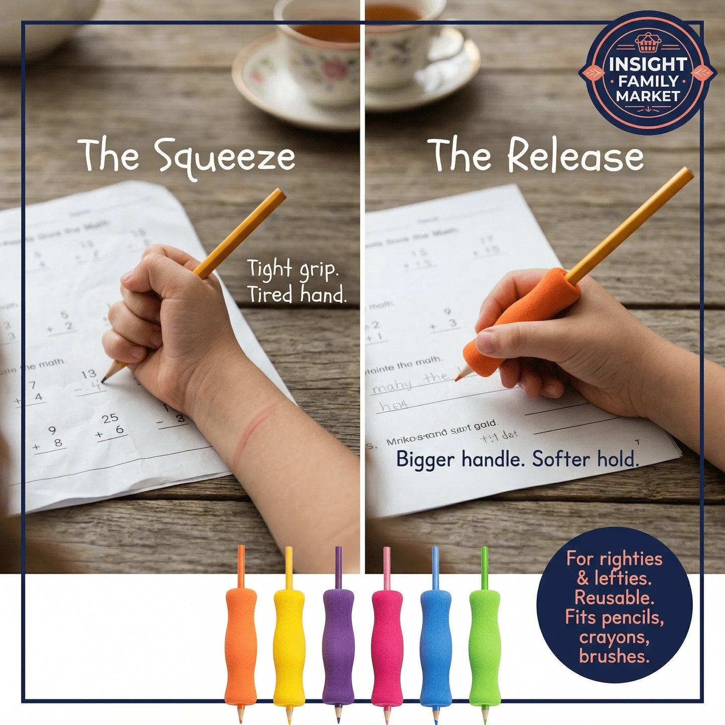 Child using ergonomic pencil grip for easier handwriting, colorful grips for sensory support