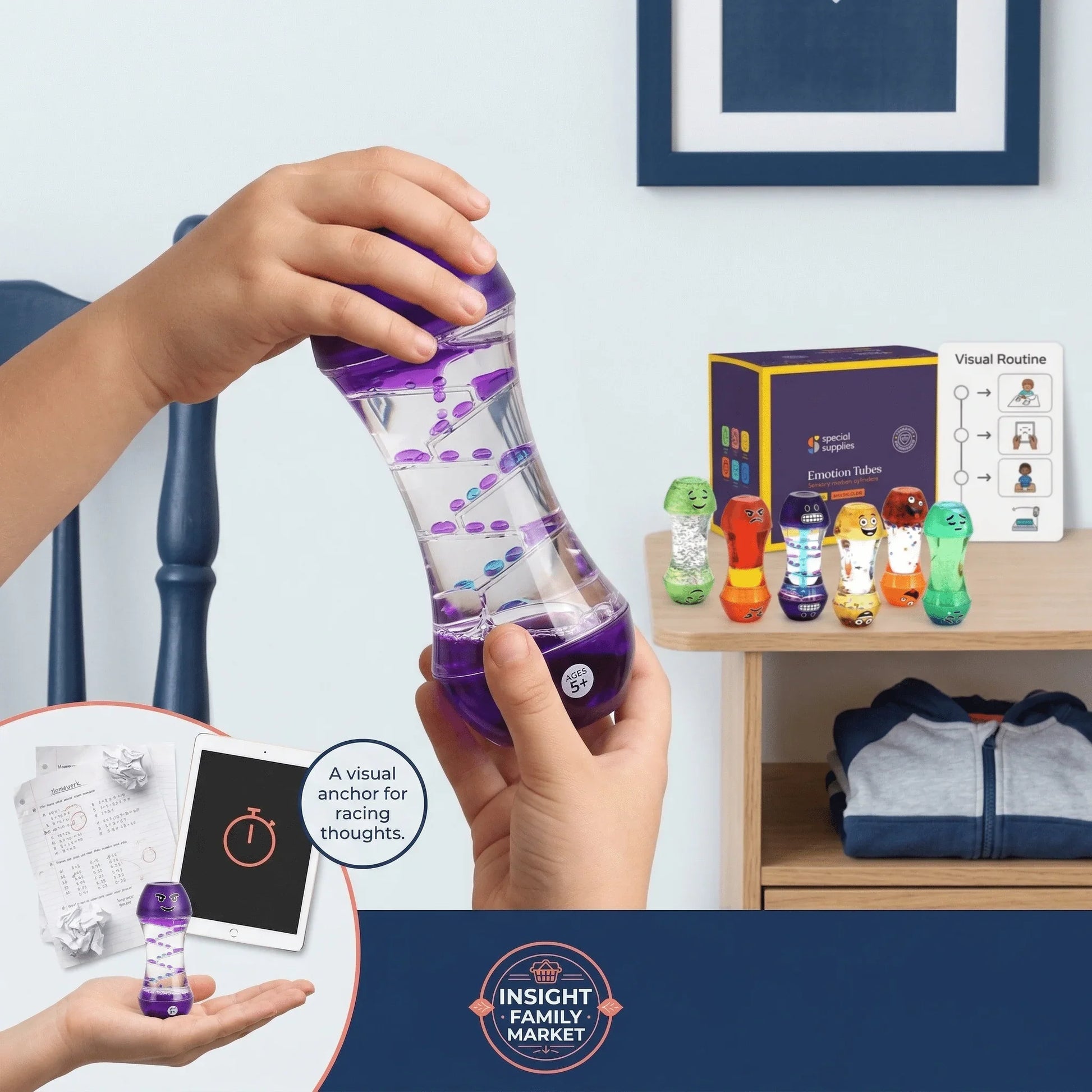 Child holding sensory liquid timer, emotion tubes and visual routine chart on shelf for calming support.