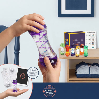 Child holding sensory liquid timer, emotion tubes and visual routine chart on shelf for calming support.