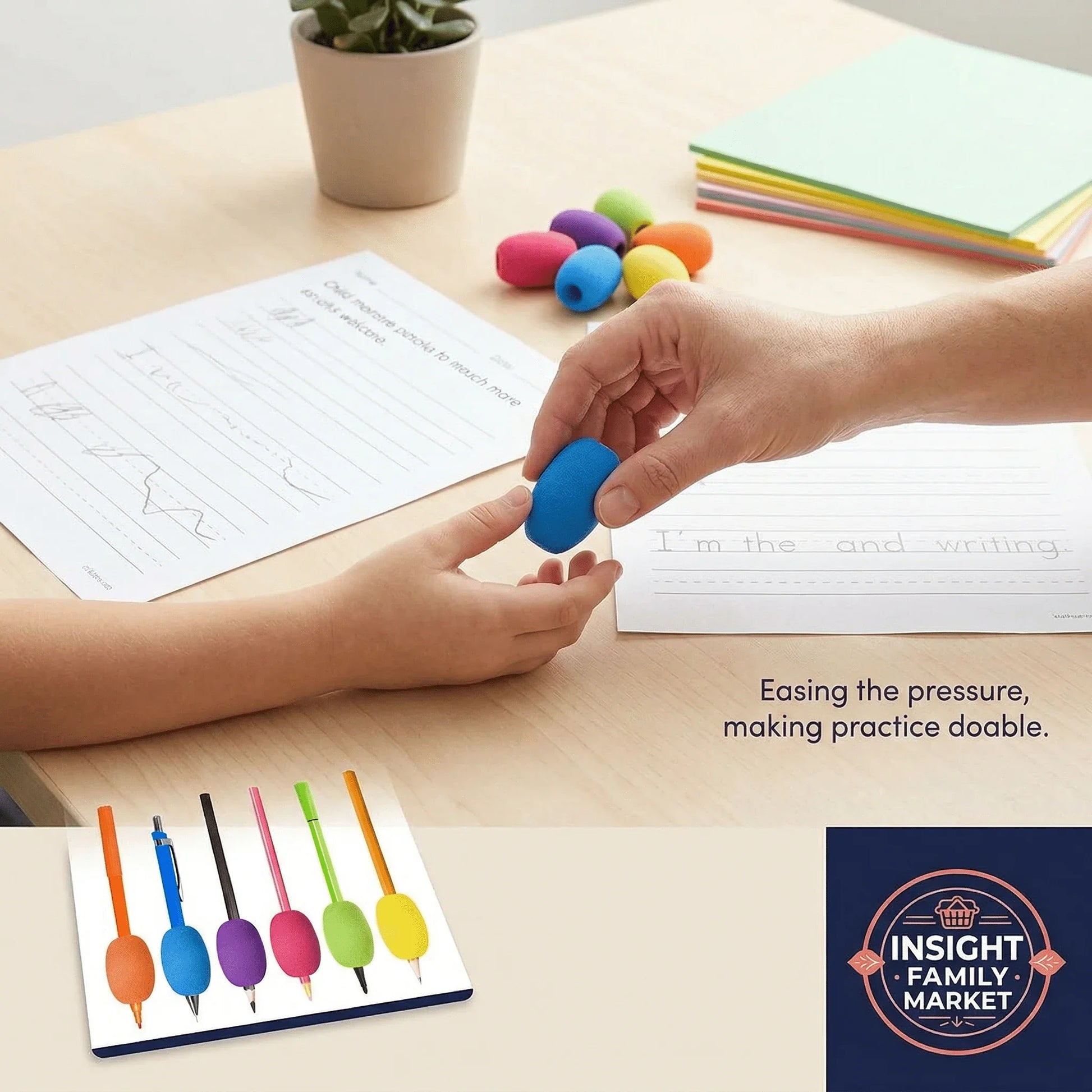 Hand giving child a blue ergonomic pencil grip for handwriting support, with writing practice sheets.