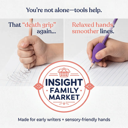 Comparison of tight pencil grip vs relaxed grip with writing tool for early writers, sensory-friendly.