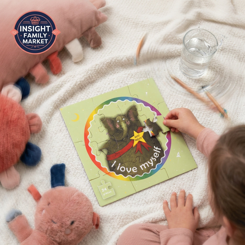 Child playing with a puzzle featuring a bear and 'I love myself' text, surrounded by plush toys and a glass of water on a white blanket.