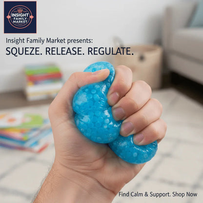 Hand squeezing blue sensory stress ball, sensory-friendly support for focus and calming at home.