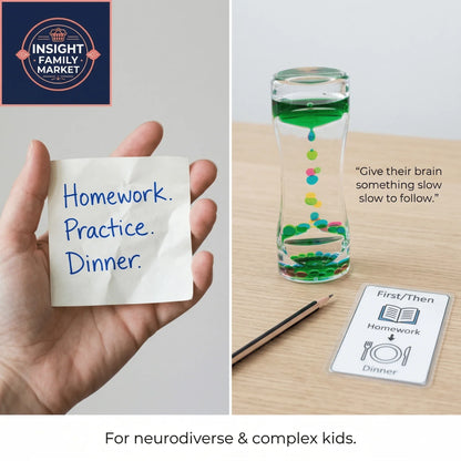 Visual schedule, sensory timer, and handwritten task list for neurodiverse kids' routines
