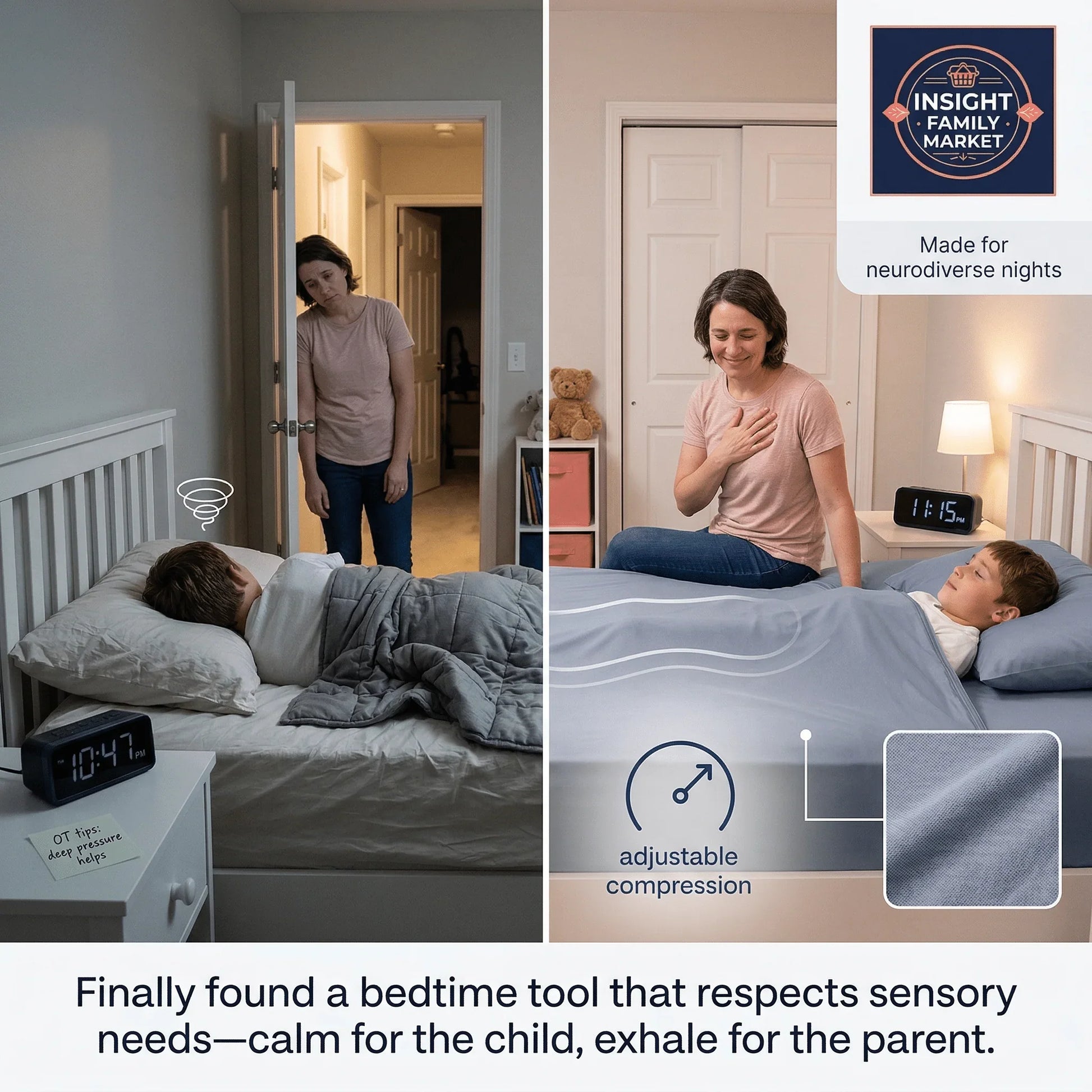 Mother soothing child to sleep using sensory-friendly, adjustable compression bedding for neurodiverse needs.