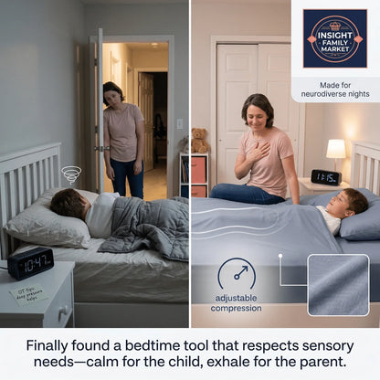 Mother soothing child to sleep using sensory-friendly, adjustable compression bedding for neurodiverse needs.