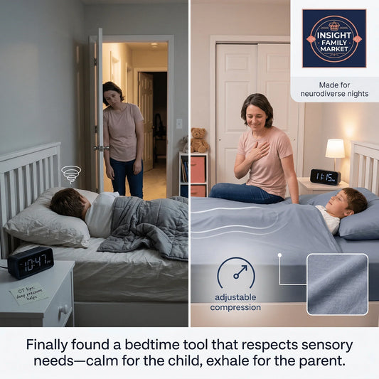 Mother soothing child to sleep using sensory-friendly, adjustable compression bedding for neurodiverse needs.
