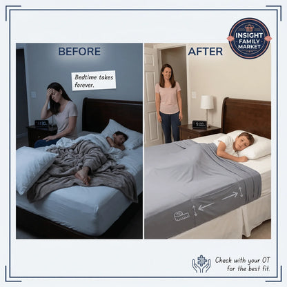 Before and after of a child struggling at bedtime versus calm under a sensory compression sheet