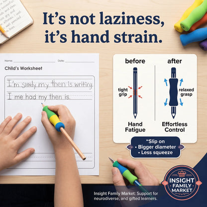 Child uses pencil grip aid for easier handwriting, reducing hand strain and boosting focus.