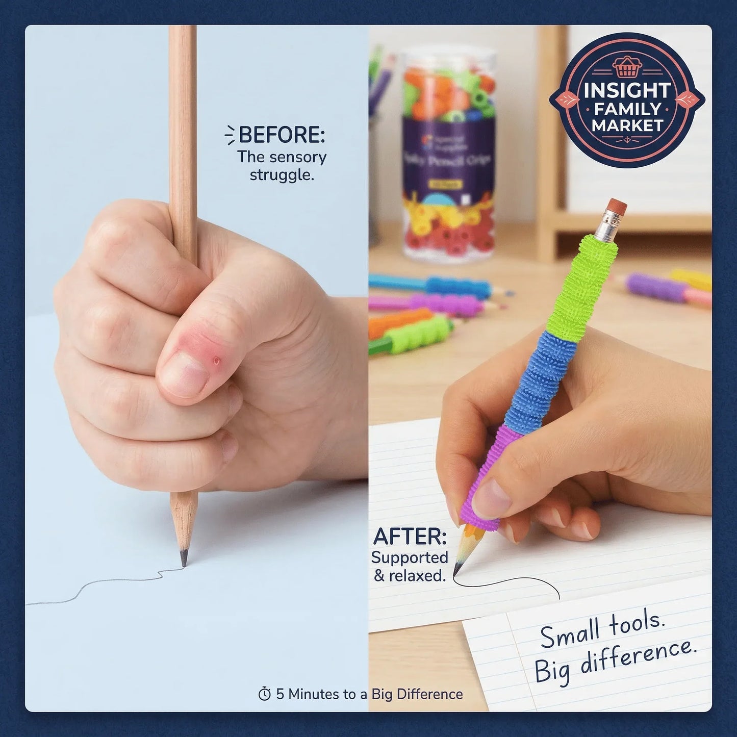 Child's hand using pencil with and without textured sensory grip, showing improved comfort and handwriting support.