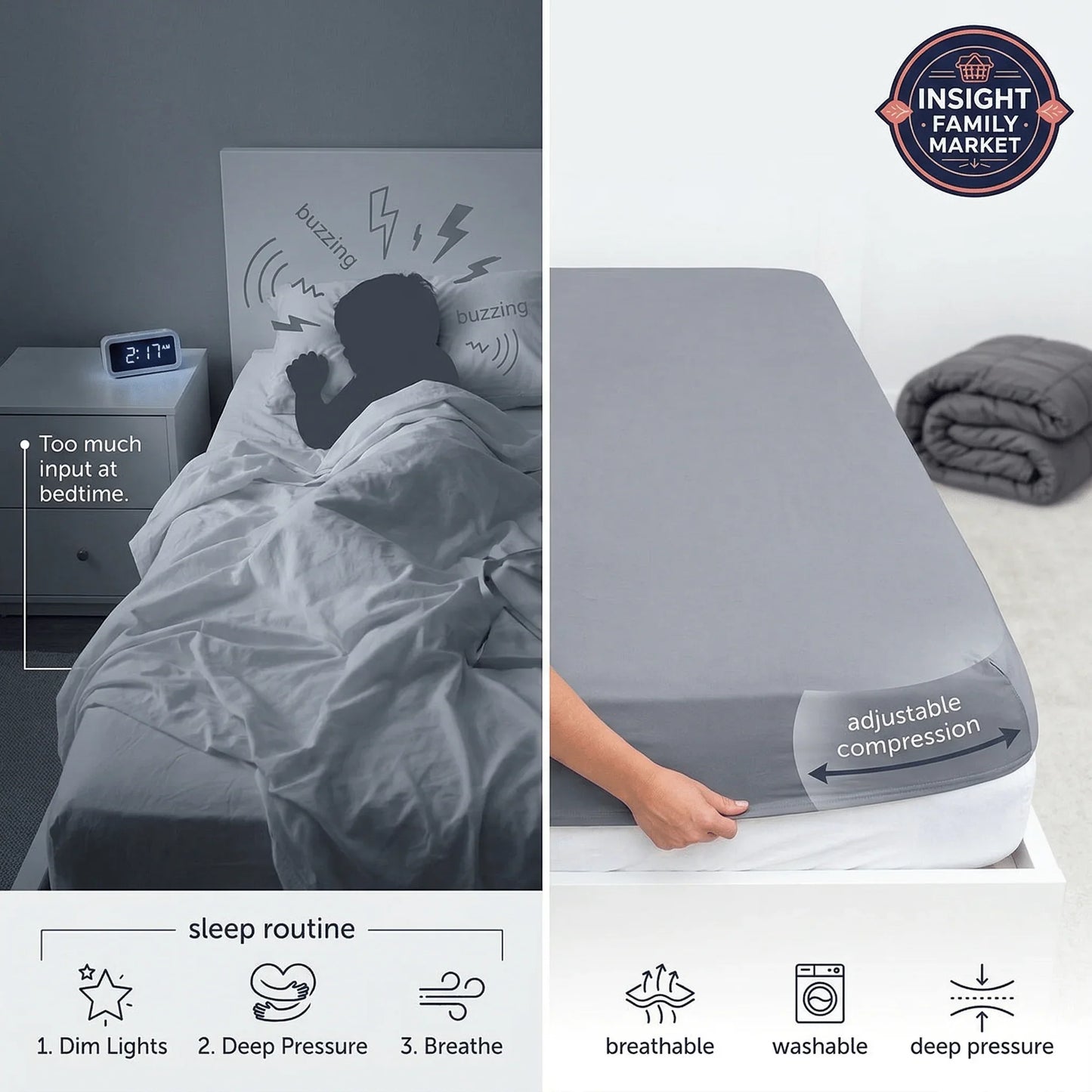 Side-by-side of restless child in bed and hand adjusting compression sheet, showing deep pressure sleep aid.
