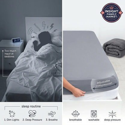 Side-by-side of restless child in bed and hand adjusting compression sheet, showing deep pressure sleep aid.