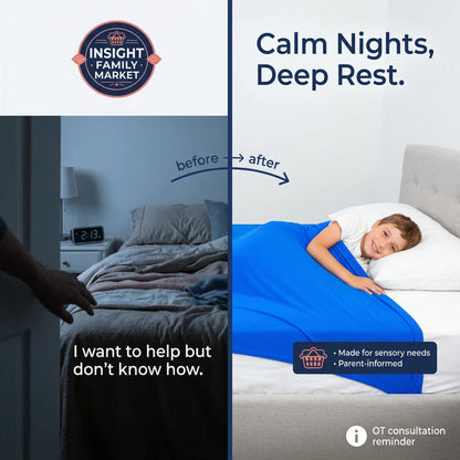 Before and after of a restless dark bedroom and a smiling boy with a blue sensory sleep blanket.