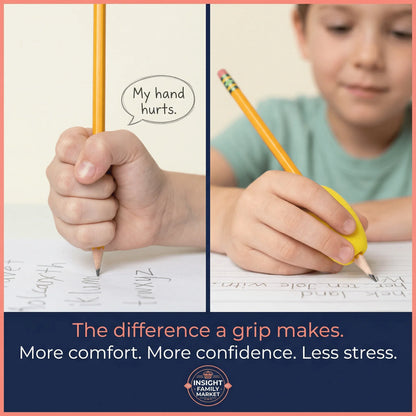 Child gripping pencil uncomfortably vs with ergonomic pencil grip for handwriting support